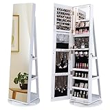 HOMASIS 3 in 1 Schmuckschrank mit Ganzkörperspiegel, 360 ° drehbarer Spiegel mit Schloss, Schmuckaufbewahrung mit LED-Lichtern, Make-up-Organizer mit Ablagen auf der Rückseite (Weiß)