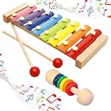 Xylophon Set, Buntes Holz Xylophon für Kinder 1 Jahr, Glockenspiel Musikinstrument mit 1 Regular Piano Strap, 2 Schlägeln und Eine 5-Ring Rassel, Ideal für Früherziehung, Reisen und Geschenke