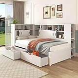 LULUWA Plattformbett, 90 cm, mit Ausziehbett, Bücherregal, USB, Einzelbett, multifunktionales Bett mit 2 Schubladen, staubdichter Schrank und Regalen, großer Stauraum, 90 x 190 cm, Weiß