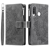 VEEMOS Handyhülle für Huawei P30 Lite hülle Klappbar Blumen Handytasche Schutzhülle Klapphülle mit Kartenfach Handy Tasche Book Cover Flip Case Ständer - Grau