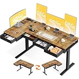 OffiGo Eckschreibtisch Höhenverstellbar, 160x80 cm Höhenverstellbarer Schreibtisch mit 4 Schublade, Elektrischer Tisch L Form mit Steckdose für Büro und Arbeitszimmer, Groß Ecktisch Vintage Braun