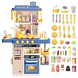 deAO Kinderküche Spielküche mit Licht, Kochsound & Flammeneffekt, Wasserfunktion mit Sprühnebel & Wasserhahn, Herd & Backofen, inkl. 50-teiligem Zubehör Set | Geschenk für Kinder ab 1 2 3 Jahre (Blau)