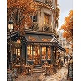NEWENMO Pariser Cafe Malen Nach Zahlen Erwachsene Set,Stadtlandschaft Paint by Numbers,Atmosphäre im Herbst Malen Nach Zahlen Kit,Einfaches DIY Handgemalt Ölgemälde,für Anfänger Home Dekor 40x50cm