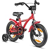 Prometheus Kinderfahrrad 14 Zoll Jungen mit Stützräder ab 3-4 Jahre Mädchen Rücktritt 14zoll BMX Modell in Rot Schwarz