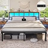Brinlawb Bett 180x200 mit Lattenrost aus Metall, Bettgestell 180x200cm mit LED Beleuchtung, Ladestation (2 AC-Steckdosen,2 USB-Anschlüsse) Metallbett 180x200 cm mit Kopfteil und Stauraum Doppelbett
