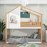 Merax Etagenbett 200x90cm, Kinderbett Hausbett mit Rausfallschutz und Leiter, Kinder Einzelbett mit Lattenrost, Holz Hochbett Baumhausbett für Mädchen & Jungen, Naturfarbener+Weiß
