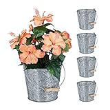 Relaxdays Zinktopf 5er Set, Kräutertopf für Küche, Balkon & Garten, verzinkter Blumeneimer aus Metall mit Henkel, Silber