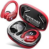 Litinst Bluetooh Kopfhörer Sport, Kabellos Bluetooh 5.3 Stereo mit Mic, 75std Spielzeit, Dual LED Anzeige Wireless, IP7 Wasserdicht USBC In-Ear Ohrhörer mit Ohrhaken für Sport, Rot