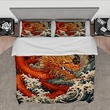 MOKOSAISE Japanisches Anime Thema Bettwäsche Set 3 Stück Ukiyo-e Style Sea Waves Orange Dragon Bettwäsche Set mit 2 Kissen Shams Reißverschluss & 4 Krawatten 200 x 200 cm