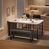 Esstisch Set 4-Teilig, Esszimmertisch Mit 2 Gepolsterte Stühlen & Banken Esszimmergruppe Für 4 Personen Rechteckig Küchentisch-Set Für Wohnzimmer, Esszimmer, Küche, Marmorweiß