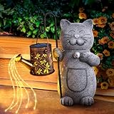 Hinshark Geschenke für Frauen Mama, Katze Garten Deko Gartenstatuen mit Solar Laterne, Geburtstagsgeschenk für Frauen, Gartendeko für Draußen Wetterfest, Geschenke für Frauen Weihnachten