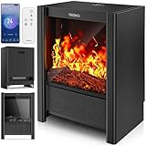 TRESKO® Elektrokamin mit Heizung & Fernbedienung 2000W, WiFi App | Kamin elektrisch LED-Flammeneffekt & LCD-Display | Kaminfeuer mit Thermostat, Timer | Elektro Kaminofen Standkamin Heizlüfter