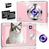 Digitalkamera, 4K Dual Kamera Autofokus tragbare Kompaktkamera mit 32G SD Karte, FHD 48MP mit 2,8 Zoll großem Bildschirm, 16X Digitalzoom Fotokamera für Kinder Teenager Anfänger-Rosa