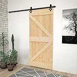 Kiefer Massivholz Schiebetür mit Beschlag, 80x210 cm Rustikale Holztür für Innenräume, Komplettes Schiebetür-Set, Schwarz Pulverbeschichteter Stahl