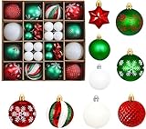 44 Stück Kunststoff Weihnachtskugeln Plastik Christbaumschmuck Kunststoff Christbaumkugeln Weihnachtsdeko mit Aufhänger Glänzend Glitzernd Weihnachtsbaumschmuck Dekoration (red Green and White)