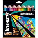 BIC Intensity Buntstifte, Dreikant-Malstifte, Farbstifte zum Malen in 24 Farben, im Karton Etui, Bruchsichere Mine und ohne Holz, 24 Stück