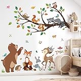 decalmile Wandtattoo Waldtiere Baum Zweig Wandaufkleber Bär Hirsch Fuchs Waschbär Wandsticker Babyzimmer Kinderzimmer Schlafzimmer Wanddeko