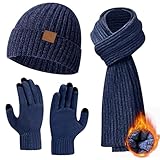 Marineblau Mütze Schal Handschuhe Set Herren Damen, Touchscreen Handschuhe Damen Winter Mütze Damen Winter Schal Damen Winter, Winterset Handschuhe Mütze Schal Set Geschenke für Männer Weihnachten