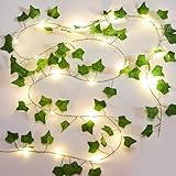 KASZOO 1 Stück Efeu Künstlich mit Lichterkette, 2M Efeu Girlande mit 20 LED-Licht, Lichterkette Efeu IP65 Wasserdicht Batteriebetrieben für Innenberei,Hochzeit, Party Deko