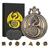 Mini DND Würfel Set mit Steampunk Drachen Taschenuhrgehäuse, 7-Teilig Polyedrisches Metall D&D Würfel Set, DND Geschenke mit Geschenk Box, Rollenspiel Brettspiel Zubehör Würfel, RPG, MTG, Bronze