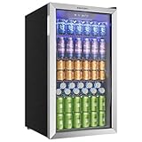 EUHOMY Getränkekühlschrank, Minikühlschrank für 126 Dosen mit Glastür, kleiner Kühlschrank mit verstellbaren Regalen für Limonade, Bier oder Wein, perfekt für Zuhause/Bar/Büro, Silber, Edelstahl