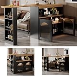 138-193X39X105CM Moderner ausziehbarer Bartisch,Ausziehbarer Esstisch mit Stauraum, Stehtisch Bistrotisch, drehbar, für Esszimmer,Mit 1m langem LED Lichtstreifen(Einstellbare Lichtfarbe),Schwarz
