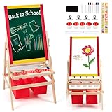 HOMASIS 3 in 1 Kindertafel doppelseitig, Holz Staffelei mit Kreidetafel & Whiteboard, höhenverstellbare Kinderstaffelei mit Zeichenpapier & 2 Aufbewahrungsboxen, Maltafel für Kinder ab 3 Jahren