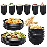 HOIDOKLY Camping Geschirr Set 24 Teiliges, Unzerbrechliches Geschirrsets aus Kunststoff,Tafel-Service 6 Personen Plastikgeschirr mit Tellerset, Schüssel, Becher, Besteck Set-Schwarz