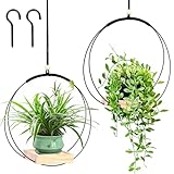Sumotia 2 hängeblumentopf mit Holzsockel, Metallring und Aufhängeschlaufe, runde hängende Pflanzgefäße für den Innenbereich, Schwarze hängende Pflanzgefäße für Wände und Decken