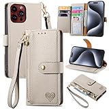 VEEMOS Handyhülle für Apple iPhone 15 Pro Hülle Klappbar Klapphülle Schutzhülle mit Kartenfach RFID Reißverschluss Handy Tasche Leder Flip Case Cover Handytasche Frauen - Grau