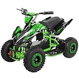 Actionbikes Motors Kinder Quad Elektro ATV Racer | 𝟑𝟔 Volt 𝟭𝟬𝟬𝟬 Watt Motor bis 𝟐𝟒 km/h - Kinderquad - Pocket Quad - Safety Touch Fußschalter - Für Kinder ab 8 Jahren (1000 Watt Schwarz/Grün)