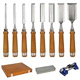 Stechbeitel Set für Holz, 10-Teilig Holzmeißel Set, Holz Stemmeisen Set mit Schleifstein und Schleifführung, Stecheisen Satz, Drehmeißel Set, Schnitzwerkzeug