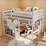 Kinderbett 140x200 cm, Hochbett mit Treppe und Regale, Funktionsbett Etagenbett mit Kleiderstange, Stockbett Spielbett Jugendbett, Weiß, ohne Matratze