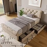 HYSZ Polsterbett,Einzelbett,Bettgestell mit 2 Schubladen und Höhenverstellbarem Kopfteil, Chesterfield Funktionsbett, Natürlich, 90x200cm,Ohne Matratze