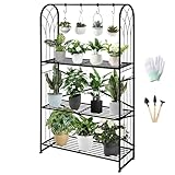 MAIJIAJU 3 Etagen Blumenregal Pflanzenregal mit Haken, 130.5cm Blumenständer Metall Schwarz für Mehrere Pflanzen, Pflanzentreppe Blumentreppe Pflanzenständer Gartenregal für Indoor Outdoor Wohnzimmer