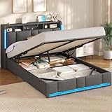 AOGLLATI Polsterbett 140×200 mit Steckdosen & LED Beleuchtung, Doppelbett 140x200 mit Stauraum Kopfteil & Hydraulischem Stauraum, Bettgestell mit Lattenrost,Jugendbett, Linen, Ohne Matratze,Dunkelgrau