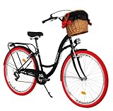Milord Komfort Fahrrad mit Weidenkorb, Hollandrad, Damenfahrrad, Citybike, Vintage, 28 Zoll, Schwarz-Rot, 7-Gang