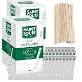 Set mit 1000 SAINT LOUIS Zuckersticks aus Kristallzucker (4 g, 2 kg x2) mit Holzrührstäbchen – Ideal für Heißgetränke, Kaffee und Tee – 2 Schachteln mit je 500 Sticks