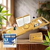 BadLiebe Badewannenbrett aus FSC-Bambusholz - [Inkl. Seifenschale] - rutschfest & Wasserfest - Badewannenablage für Tablett, Buch & Wein - Perfekt für Wellness, Spa & Entspannnung