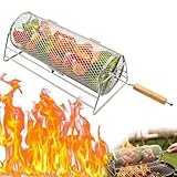Yunkctuk Rollender Grillkorb, Edelstahl 304, Abnehmbarer Holzgriff, Nestendes Grillnetzrohr, Grillzubehör für Gemüse, Meeresfrüchte, Outdoor-Kochen, Camping, Geschenk für Papa, Männer