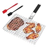 Grillkorb Fischbräter,Fisch Grillkorb Edelstahl,Faltbar, Tragbar,Fisch Grillhalter Grillkorb mit 2 Silikonbürste,für Camping & BBQ Fisch, Gemüse, Garnelen