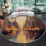 Rund Teppich für Wohnzimmer Durchmesser 180 cm, rutschfeste Bunt Flanell Teppich, Abstrakt Ölmalerei-Stil Stadtansicht Design, Waschbar Teppiche für Schlafzimmer Küche Dekoration