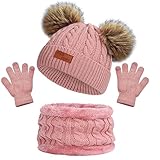 beifon Wintermütze, Schal & Handschuhe Set für Kinder 3-8 Jahre, Unisex, Einheitsgröße, Baumwolle & Acryl, Warm & Dick, Pompon-Design, Winterkleidung, Geschenkidee