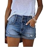 Bichingda Lässige Denim-Shorts für Damen, hohe Taille, ausgefranster Saum, zerrissene Sommerjeans, kurze Hotpants mit Taschen, Dunkelblau, Klein