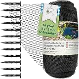 TTL Garden 6x10m Teichnetz Vogelschutznetz schwarz 30g/m² - 12x12mm engmaschig starkes HDPE Poolnetz Obstbaumnetz Gartennetz, Vogelabwehr Netz, reißfest dehnbar robust mit 12 Bodenanker