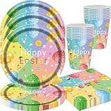 QWEPU Osterei-Geschirr, Osterhase Partyteller Set, 52PCS Oster-Partyzubehör, Ostern Pappteller Happy Easter Pappteller,Partygeschirr für Ostermottoparty-Dekorationen (Ostereier) 16 Gäst