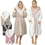 CalmyLIFE Bademantel Damen flauschig Morgenmantel - mit Wendefunktion kuschelige Bademäntel mit Kapuze Kuschelbademantel (S, Taupe/Natur)