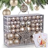 ONBEST Weihnachtskugeln 128-teiliges Set – 1x Baumspitze Glitzer Stern & 127x Kugel – mit Verpackung – Weihnachtsschmuck Deko für Drinnen & Draußen aus Kunststoff – Plus 5X Karte (Champagner)