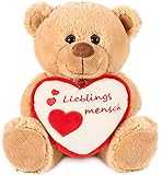 BRUBAKER Teddy Plüschbär mit Herz Rot Beige - Lieblingsmensch - 25 cm - Teddybär Plüschteddy Kuscheltier Schmusetier - Braun Hellbraun