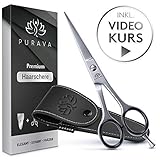 PURAVA® Premium Haarschere - Extra scharfe Friseurschere inkl. edlem Etui - scharf & präzise - Idealer Haarschnitt für Damen und Herren - INKL. Videokurs
